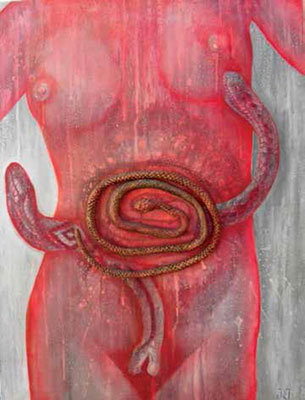 Serpiente,2012 / Series Deliever me from all evil(Talismans) / Oil on canvas and resin 70 x 50 cm
